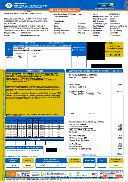 India Tata Power Company Limited utility bill template in Word and PDF formats